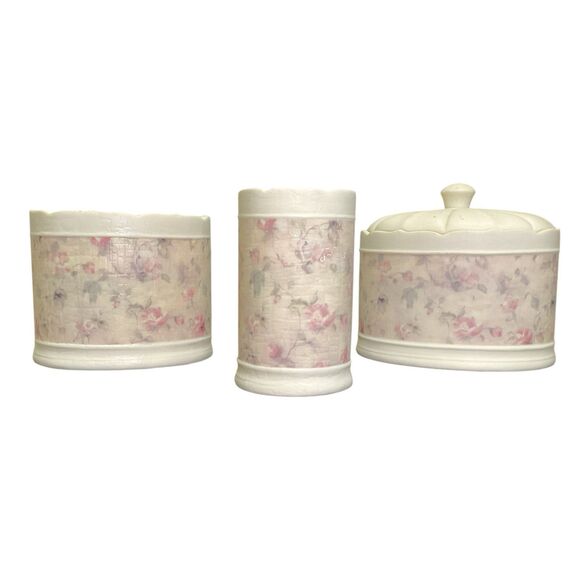 Croscill Ceramic Floral Lot of Bathroom Decor Tooth Brush Holder Cup Lidded Jar - Picture 1 of 16